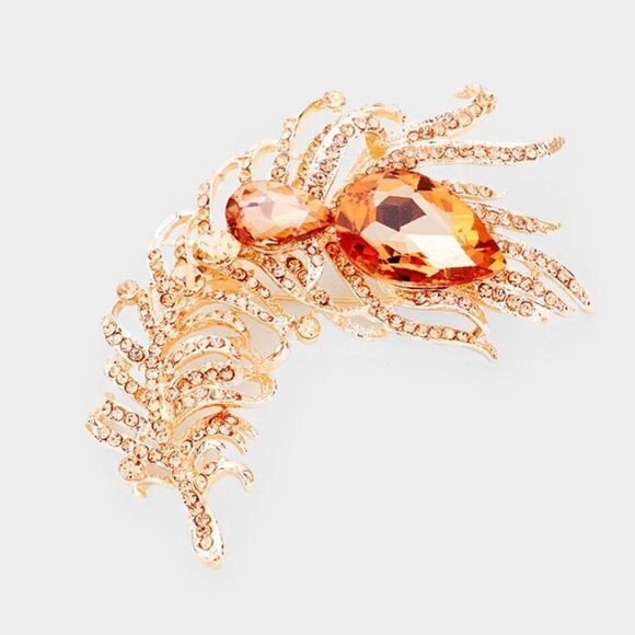 Curved Feather Peach Crystal Teardrop Brooch - Picture 1 of 5